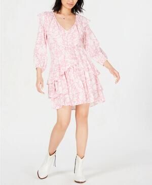 Free People Dress Womens XS Pink Rebecca Floral Ruffle Ballon Long Sleeve V-Neck